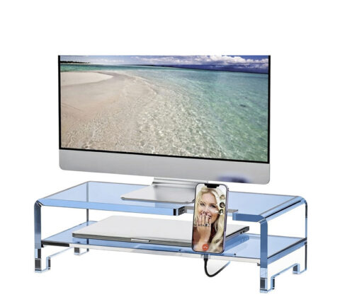 Custom acrylic desktop monitor stand riser with storage