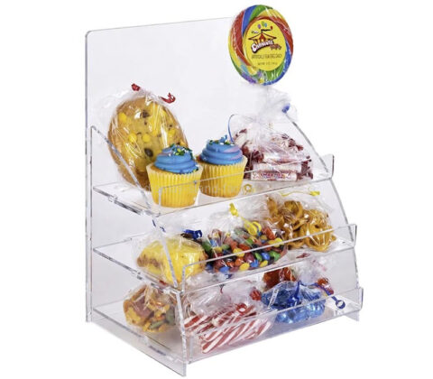 رف عرض الوجبات الخفيفة المصنوع من الأكريليك المخصص لمتجر الوجبات الخفيفة