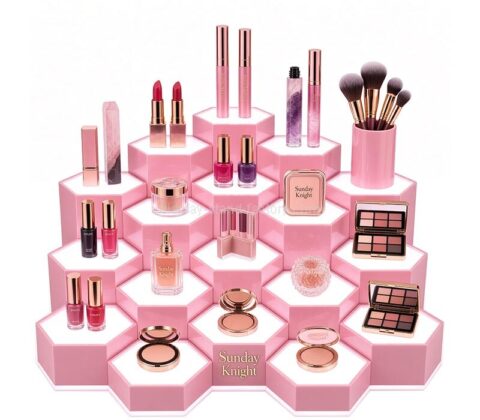 Custom acrylic illuminated makeup hexagon display stand base