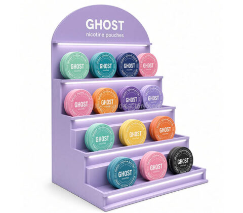 Custom acrylic GHOST nicotine pouches illuminated display rack